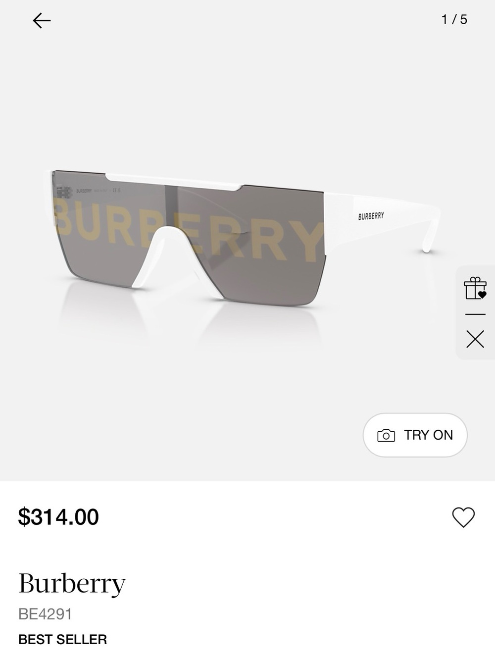 Burberry White Frame Shield Sunglasses with Grey Lens and Gold Logo